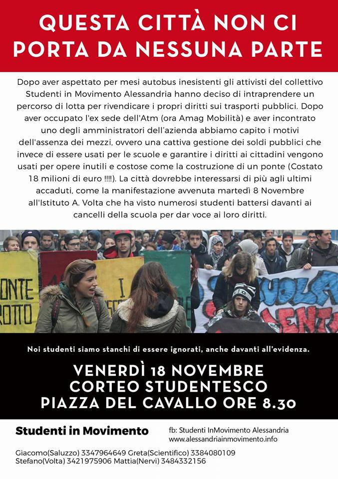 Venerdì 18 novembre manifestazione studentesca ad Alessandria