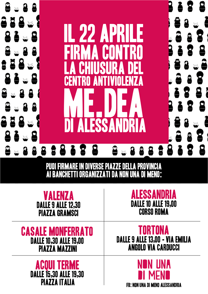 Sabato 22 aprile raccolta firme a sostegno del centro antiviolenza Me.dea